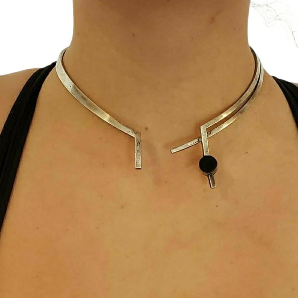 Vintage Taxco Choker Sterling Silver Reversible Tiger's Eye Onyx Gemstone JRZ